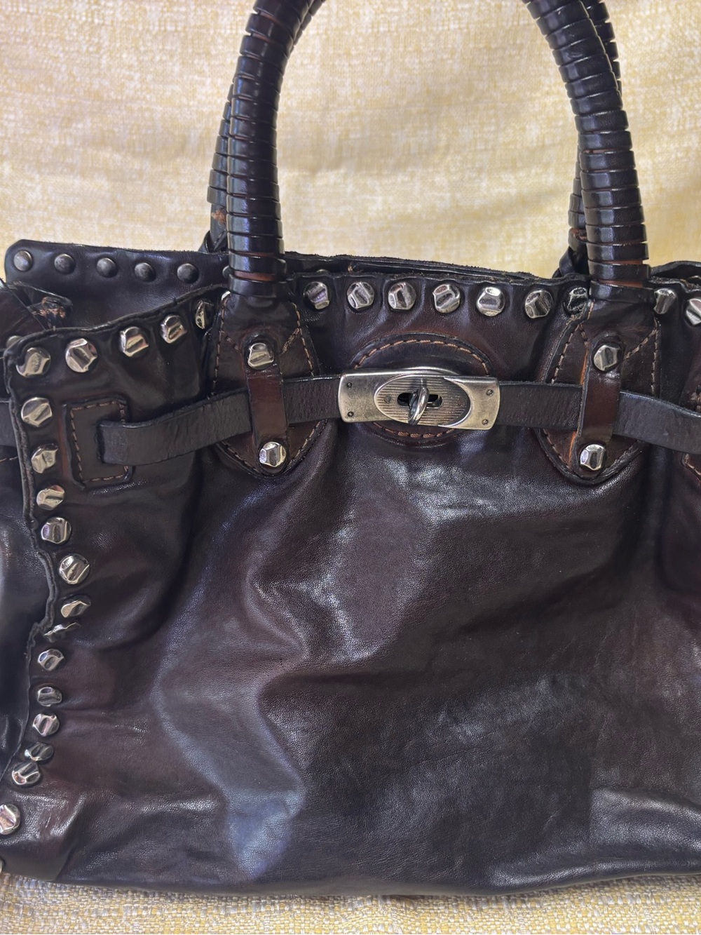 Giorgio Brato Dark Brown Leather Stud-Accent Shoulder Bag with Turn-Lock - Picture 3 of 10